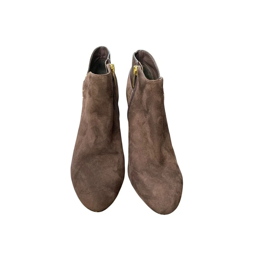Vince Camuto Venten Brown Suede Leather Ankle Bootie Gold Zipper Buckle Heel 6.5